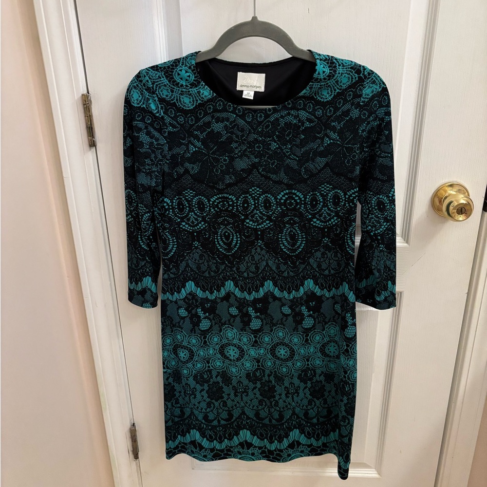 Donna Morgan Black and Teal Patterned Dress, Like New